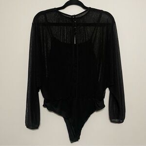 Sheer Black on Black Doleman Sleeve Goth Bodysuit Medium
